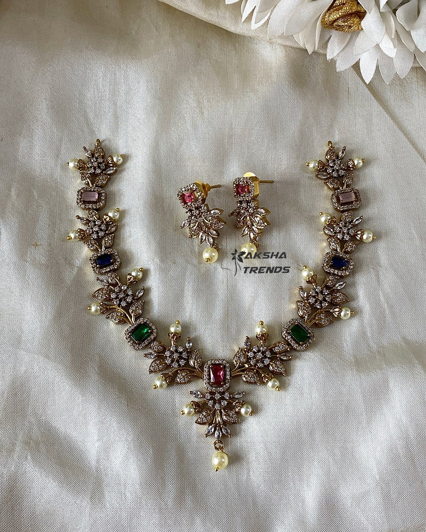 Navratna floral diamond Necklace Aksha Trends