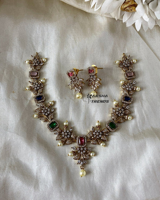 Navratna floral diamond Necklace Aksha Trends