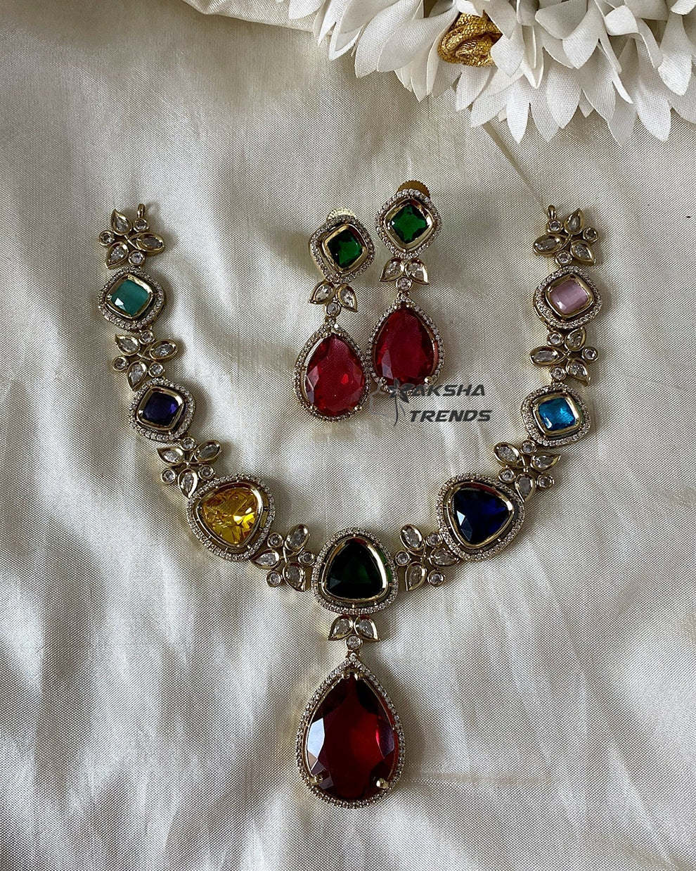 Navratna Victorian diamond Necklace Aksha Trends 