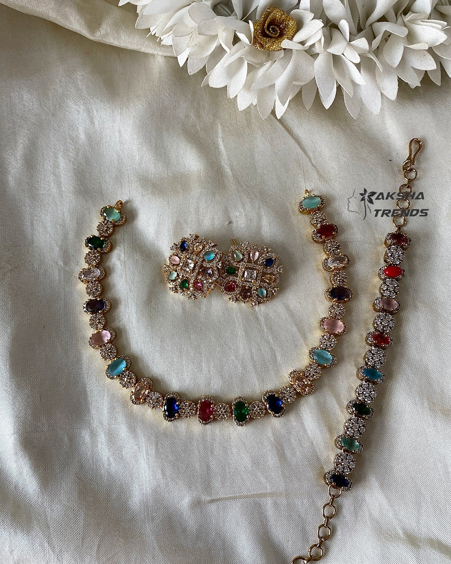 Navratna diamond Necklace with bracelet combo Aksha Trends