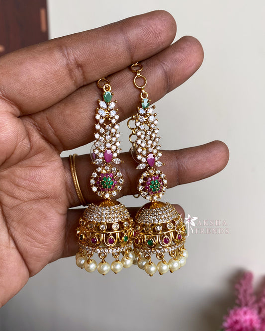 Premium diamond Jhumka with earchains Aksha Trends