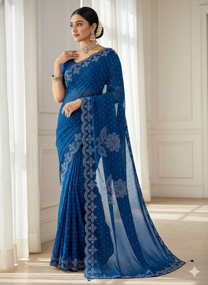 Stone work Saree -Teal Green Aksha Trends