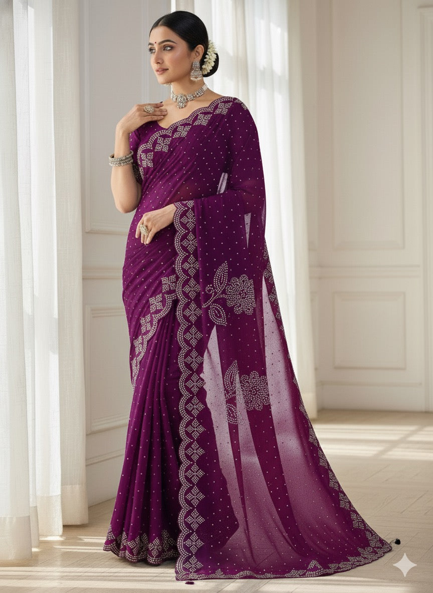 Stone work Saree -Purple Aksha Trends