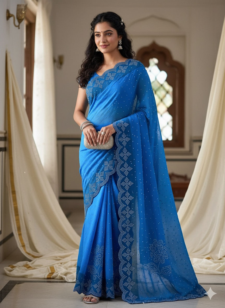 Stone work Saree -Sky Blue Aksha Trends