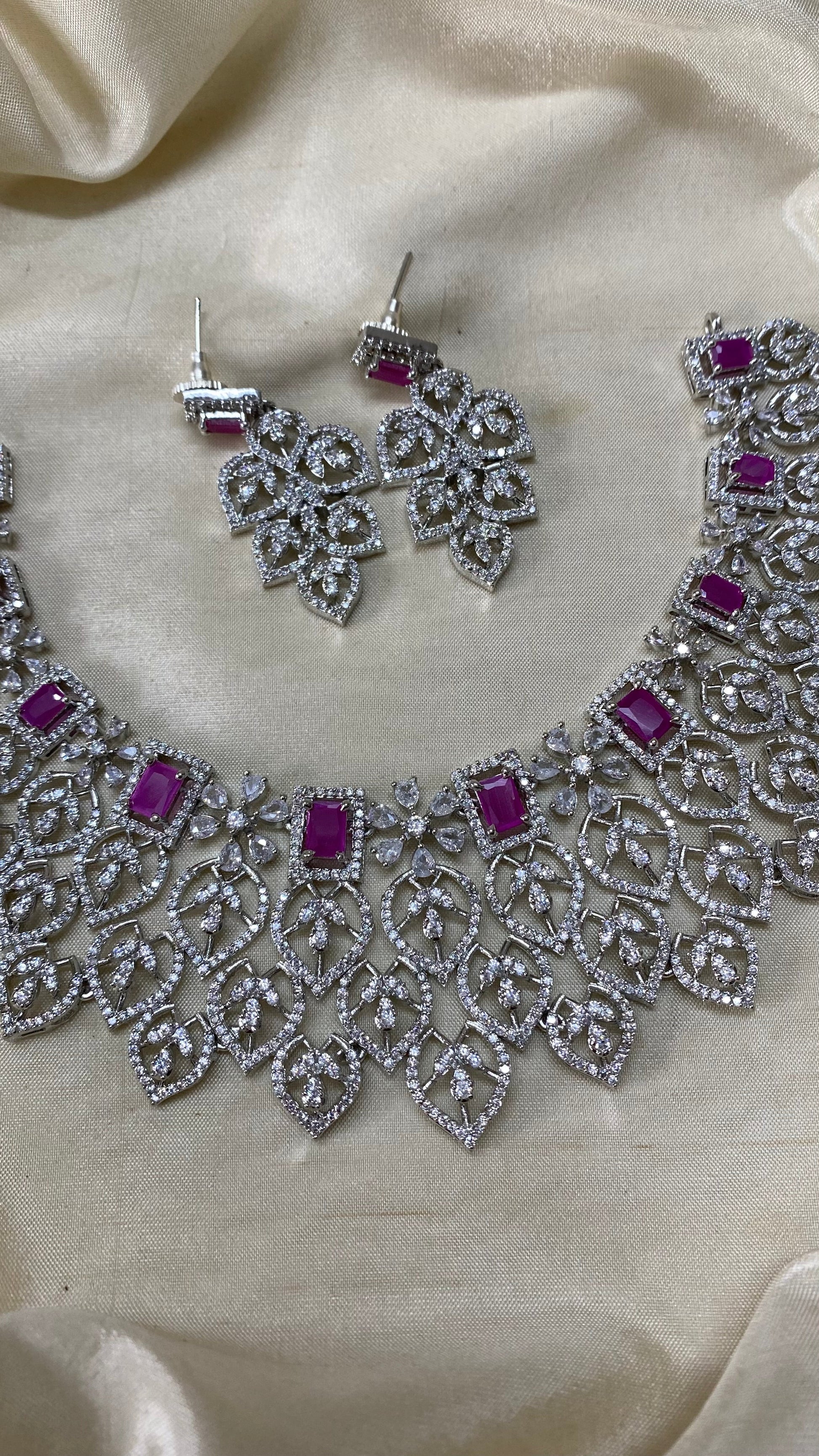 Silver floral diamond necklace -Pink Aksha Trends