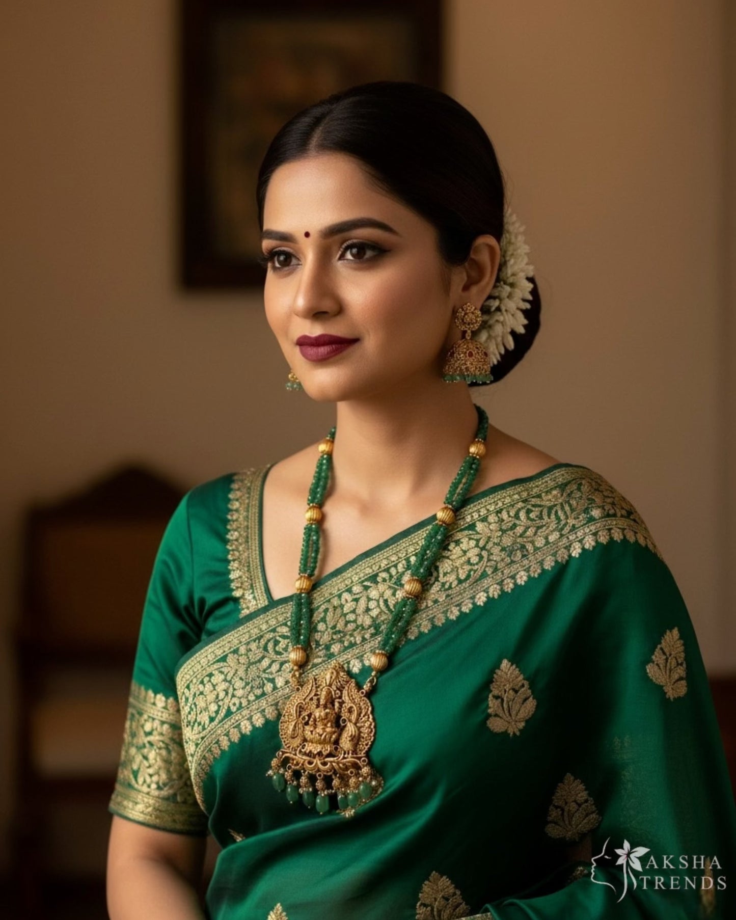 Lakshmi peacock pendant -mint green beads Aksha Trends