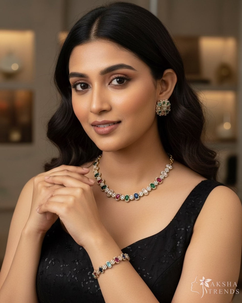 Navratna diamond Necklace with bracelet combo Aksha Trends 