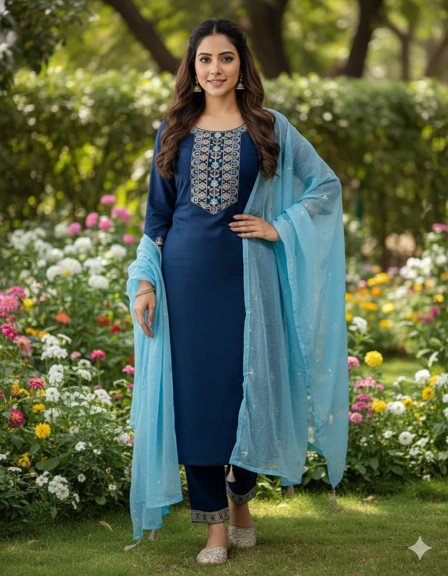Cotton Silk Kurti Set -Blue Aksha Trends 