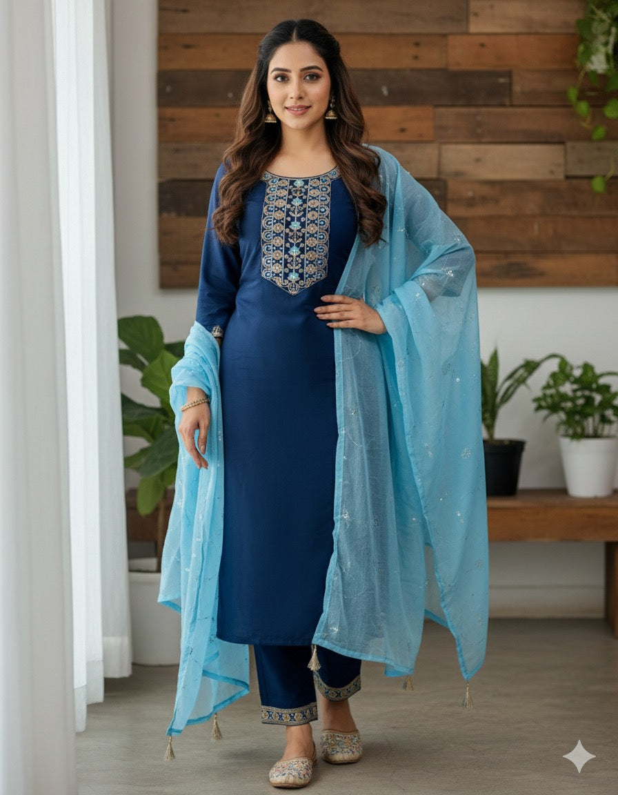 Cotton Silk Kurti Set -Blue Aksha Trends 