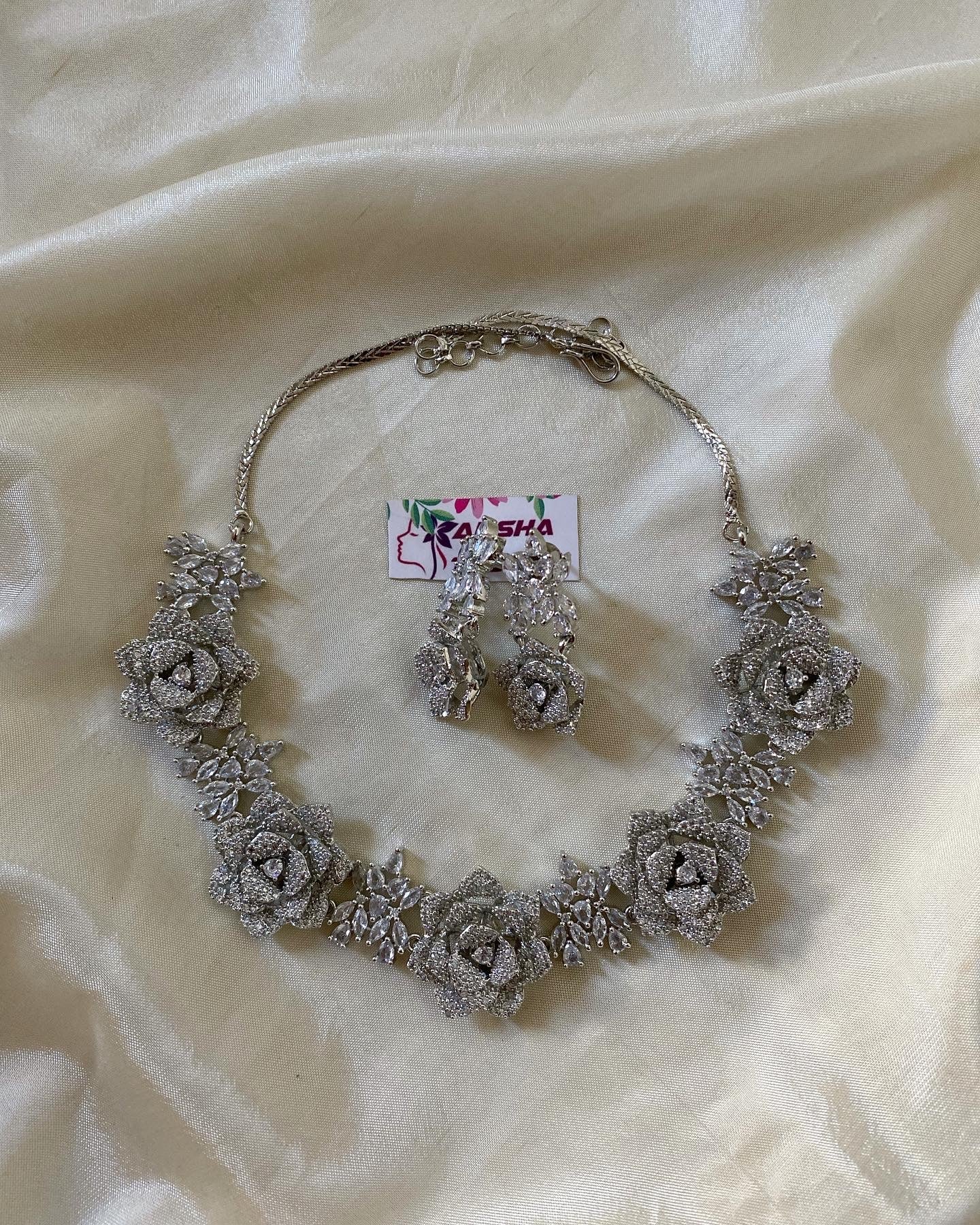 Silver flower diamond necklace Aksha Trends