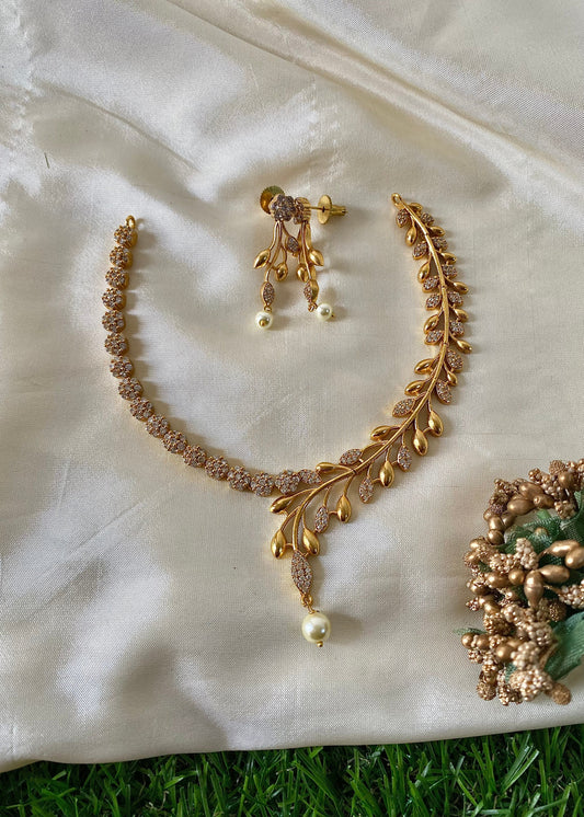 Floral leaf diamond necklace -White Aksha Trends